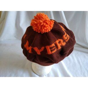 Vintage Myer's Rums Cap Hat Pom-pom Knit Brown Orange Beret Bill